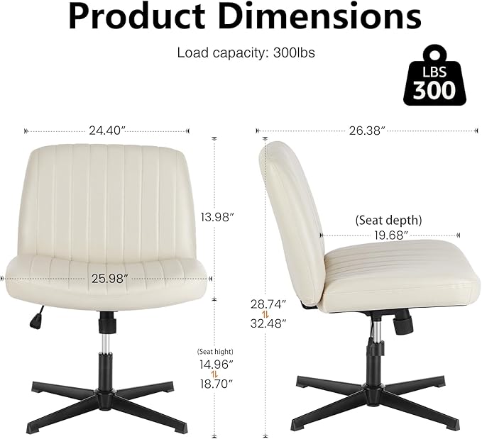 DUMOS Desk Chair No Wheels, Criss Cross Chair Wide Cross Legged Desk Vanity Chair, PU Leather Armless Adjustable Swivel Chairs for Home Computer Task Beige