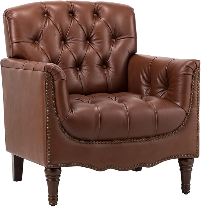 HULALA HOME Mid Century Modern Leather Club Chairs, Top-Grain Genuine Leather Armchairs with Button-Tufted Back & Solid Wood Legs, Accent Chairs for Living Room/Bedroom/Home Office, Brown