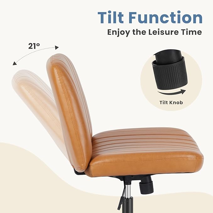 DUMOS Desk Chair No Wheels, Criss Cross Chair Wide Cross Legged Desk Vanity Chair, PU Leather Armless Adjustable Swivel Chairs for Home Computer Task Brwon