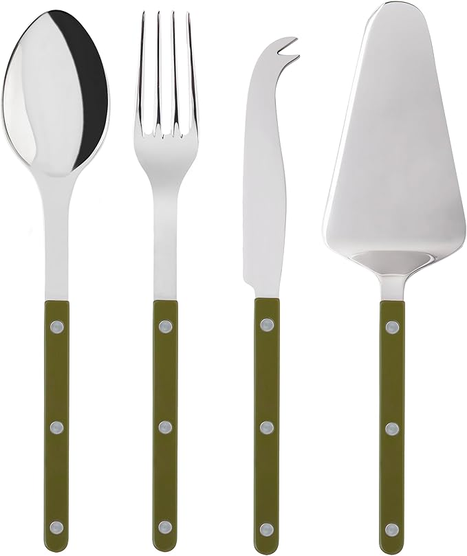 4-Piece Serving Set - Bistrot Collection - 2 Serving Flatware, Serrated Pie Server, Large Cheese Knife - Stainless Steel & Nylon - Dishwasher Safe - Fern Green - Brilliant Finish