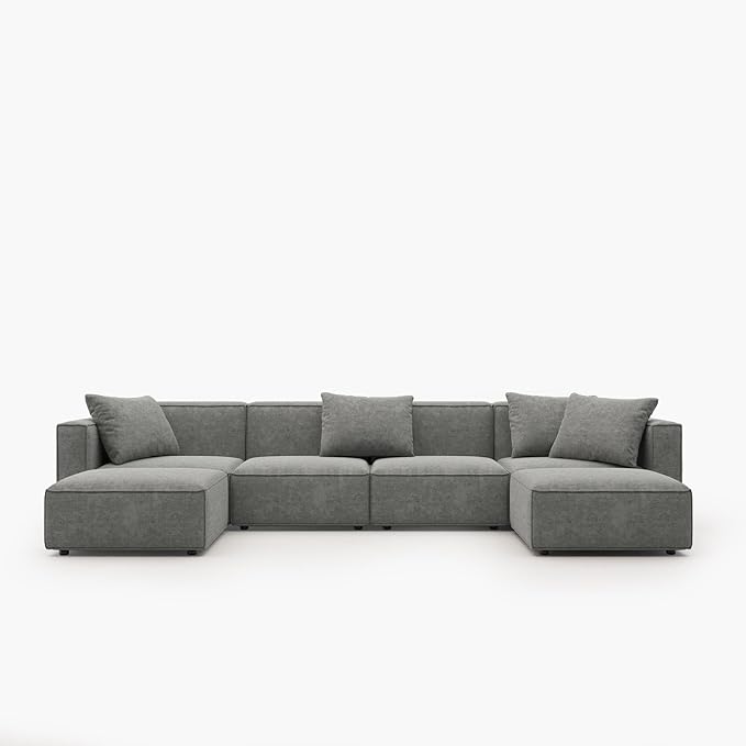 Acanva Luxury Modular Sectional Couch with Moveable Ottoman and Chaise, Modern Minimalist Style Sofa for Living Room, Apartments, U-Shape, Chenille Grey