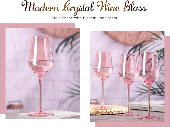 Physkoa Pink Wine Glasses Set 6-15oz Crystal Blush Pink Wine Glasses With Long Stem and Thin Rim,Perfect Pink Colored Wine Stemware for Wine Lover in Wedding,Bridal Shower