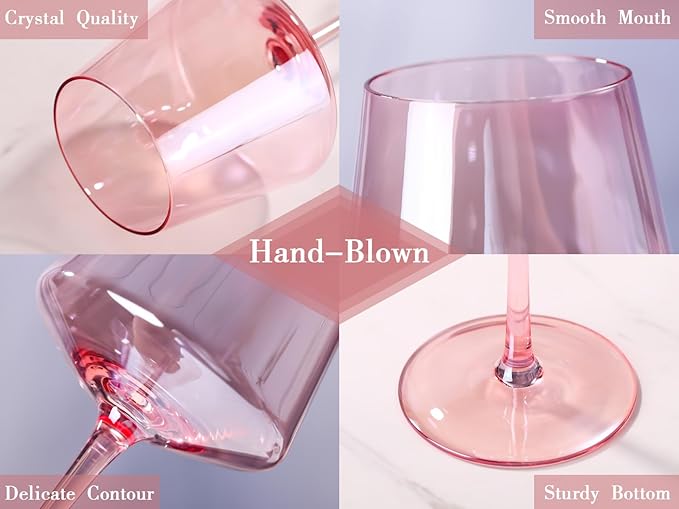 Physkoa Pink Wine Glasses Set of 6-16oz Hand-Blown Pink Wine Glass with Long Stem, Unique Red&White Wine Glasses For Christmas Party Home Bar