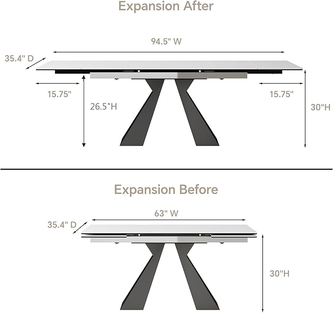 Extendable Dining Table for 8-12 Seat Flexible Stretch Tabletop Made from Sintered stone Tempered Glass Solid Carbon Steel Base, White