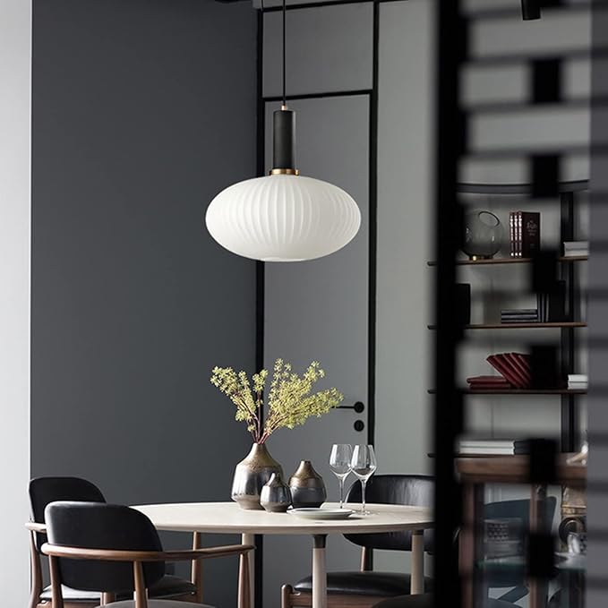 Modern Pendant Lights, Black Lamp Holder Pendant Light Socket White Glass Pendant Lamp Shade,LED Hanging Light (Black, Medium)