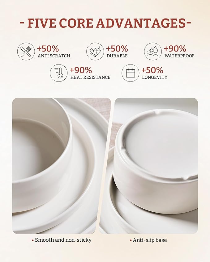 Famiware Porcelain Dinnerware Set, 18-Piece Modern Plate and Bowl Set, dish set for 6, Microwave and Dishwasher Safe Tableware, White