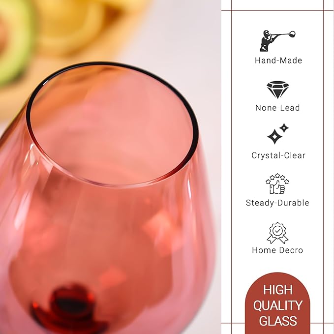 Physkoa Rose Colored Wine Glasses Set - 6 x 16oz Bordeaux Wine Glasses With Large & Long Stem, Perfect Gifts for Birthday, Wedding, Bridal Showers
