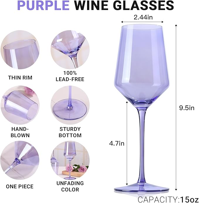 Physkoa Lavender Purple Wine Glasses Set of 6-15oz Hand Blown Crystal Colored Wine Glasses with Long Stem, Wedding, Birthday, Christmas Glassware Gifts for Lovers