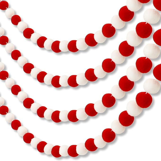 MARFOREVER 4 Pack 26.3 Feet Red and White Christmas Decorations Christmas Pom Pom Garland 30 Balls Xmas Felt Ball Garland for Xmas School Classroom Mantel Wall Home Party Decor Hanging Ornaments