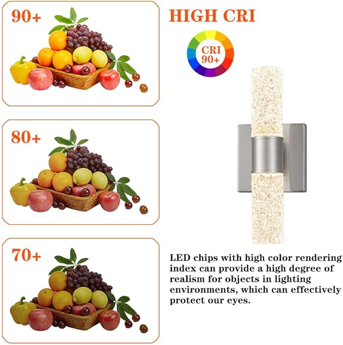 Brushed Nickel Wall Sconces Set of 2, LED Bathroom Vanity Light Fixtures, Hardwired Crystal Sconces Wall Lighting Over Mirror, LED Wall Mount Lights for Bedroom Hallway Indoor, 10W 3000K