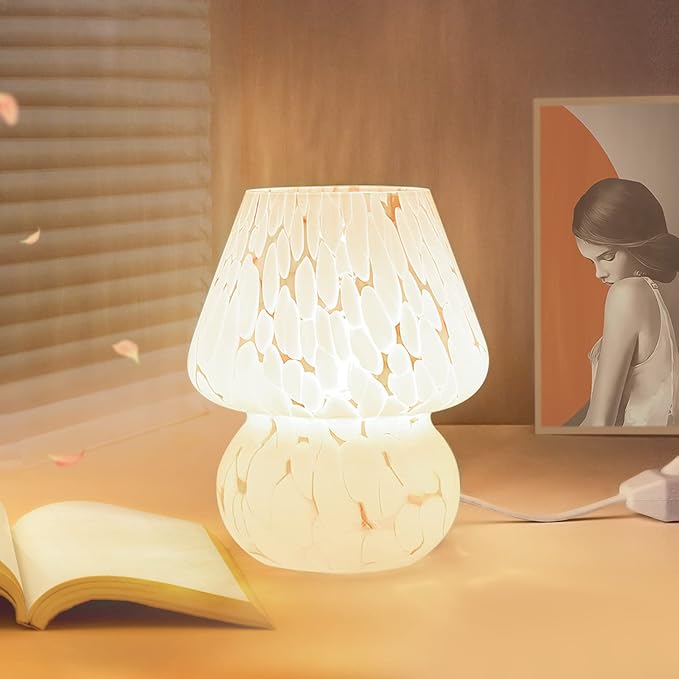 ONEWISH Cute Mushroom Lamp Small Table Lamp Set of 2 Stepless Dimmable, Translucent Glass White Nightstand Lamp for Bedroom Dorm Kids Room Living Kitchen, Murano Aesthetic Home Decor