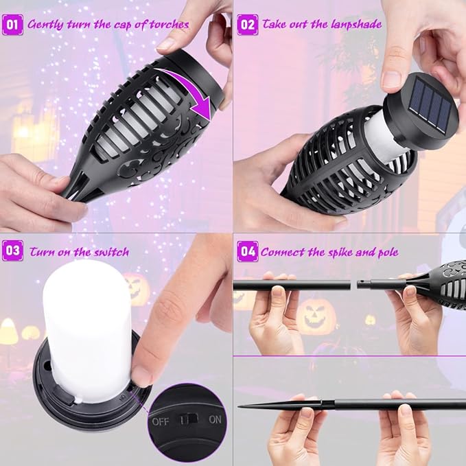 12Pack Halloween Yard Decorations, Purple Solar Halloween Lights for Outside Decor, LED Solar Flame Lights Outdoor for Yard Decorations, Waterproof Luces Solares Outdoor Decor for Patio Garden Pathway