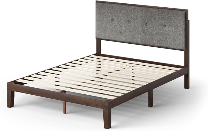 ZINUS Moiz Wood Platform Bed Frame with Adjustable Upholstered Headboard, Solid Wood Bed, Wood Slat Support, No Box Spring Needed, Easy Assembly, Queen