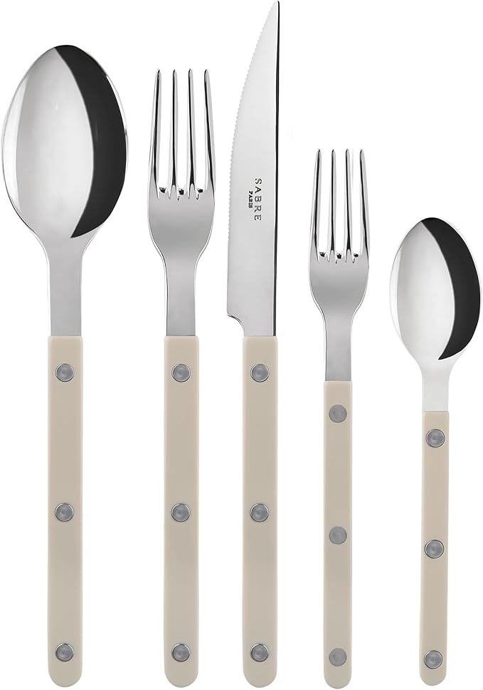 5-Piece Flatware Set - Bistrot Collection - Knife, Fork, Soup Spoon, Teaspoon & Dessert Fork - Stainless Steel & Nylon - Dishwasher Safe - Light Kaki - Brilliant Finish