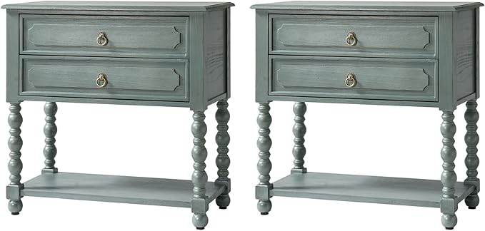 HULALA HOME Farmhouse Storage End Table Set of 2 with 2 Drawers and Open Shelf, Solid Wood Side Table with Spindle Legs, Nightstand with Charging Station (Blue)