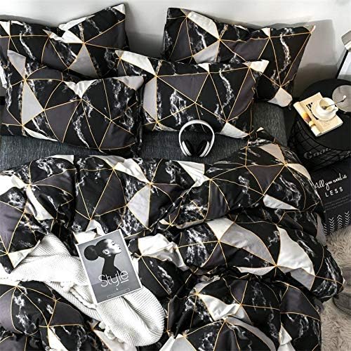 CLOTHKNOW Black White Marble King Size Comforter Set Triangle Plaid Bedding Comforter Set All Season Geometric Comforter with 2 Pillowcases