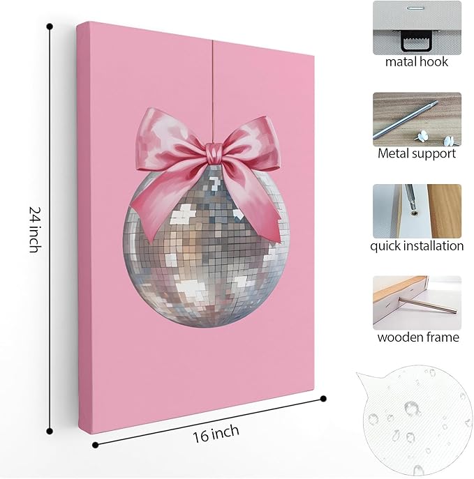 APJYM Pink Coquette Room Decor, Funky Y2K Disco Ball Preppy Wall Art, Preppy Room Decor, Trendy Retro Pink Aesthetic Posters Wall Decor for Teen Girls Bedroom Dorm Apartment Decor, 16x24 Inches Framed