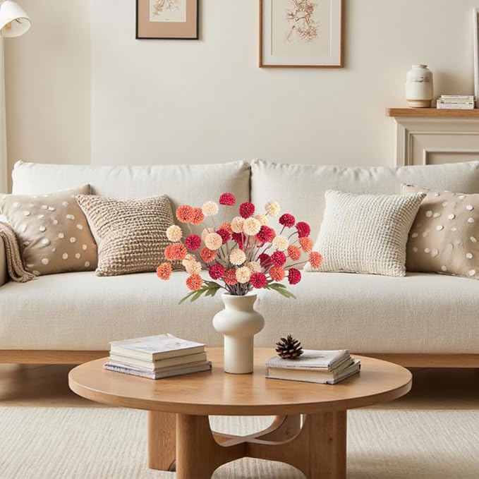 Fall Faux Kiku Flowers 10 Stems & 2 Eucalyptus,Fake Mums Flower Plants Artificial Chrysanthemums Mini Ball Floral for Table Centerpieces,Silk Fall Faux Mums Flower for Vase Wedding Arrangements Decor