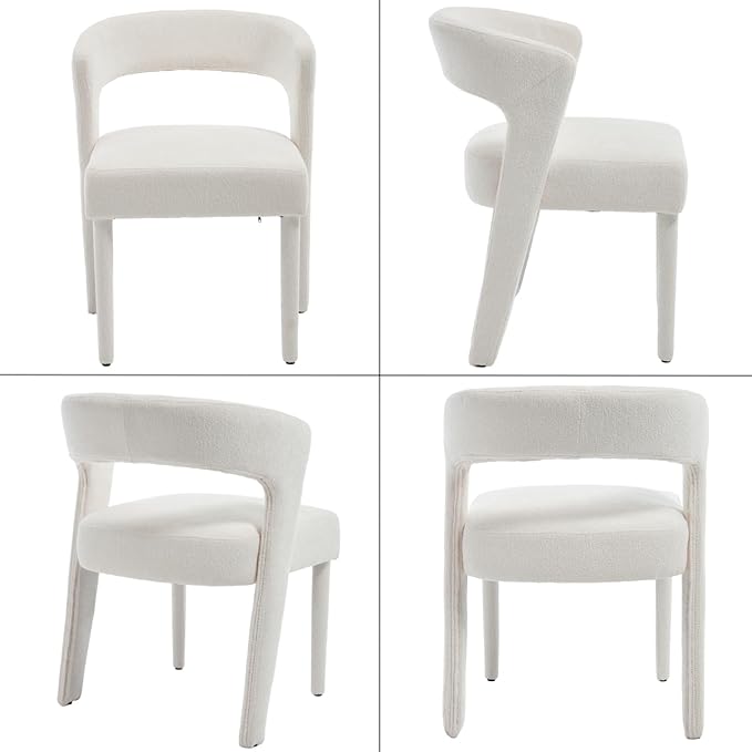 DUOMAY Modern Dining Chairs Set of 6, Chenille Fabric Upholstered Kitchen Chair with Curved Open Back Accent Side Chairs Dining Room Chairs with Wood Legs, White