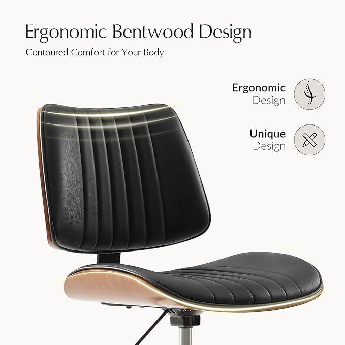 HULALA HOME Desk Chair with Solid Wood Legs, Adjustable Height & 360° Swivel, Comfy Bentwood Faux Leather Tufted Task Chair, Black