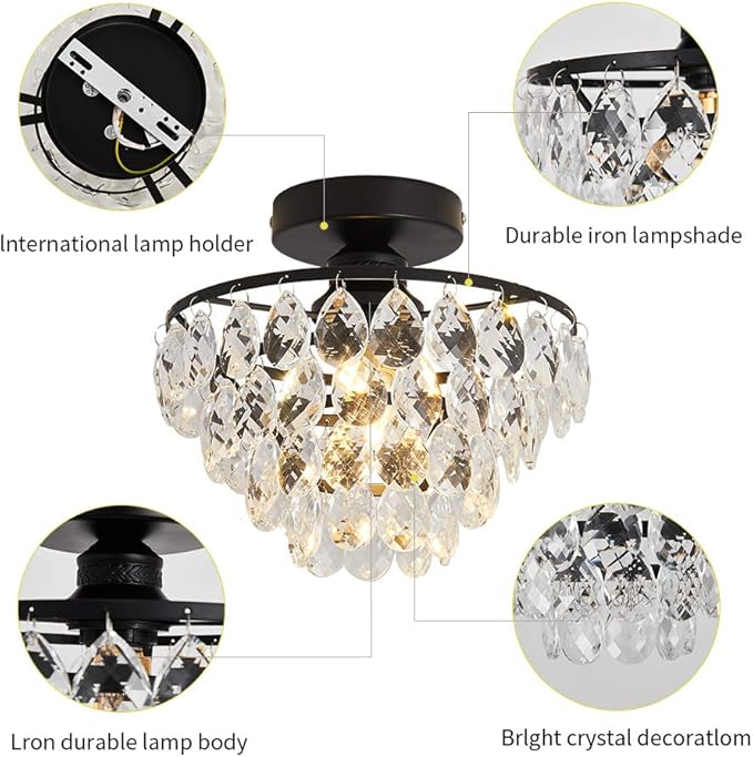 YYJLX Modern Small Crystal Ceiling Light Fixture Mini Black Semi Flush Mount Chandelier Light Fixture for Hallway Bedroom Bathroom Closet e26