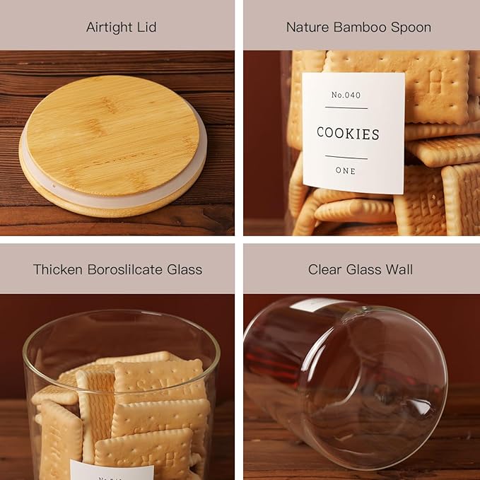 Set of 6 Glass Flour and Sugar jars with 132 Kitchen Pantry Labels - Thicken Large Glass Storage containers with Airtight Bamboo Lid - Rice Canisters for Salt Coffee(100OZ/54OZ/27OZ)