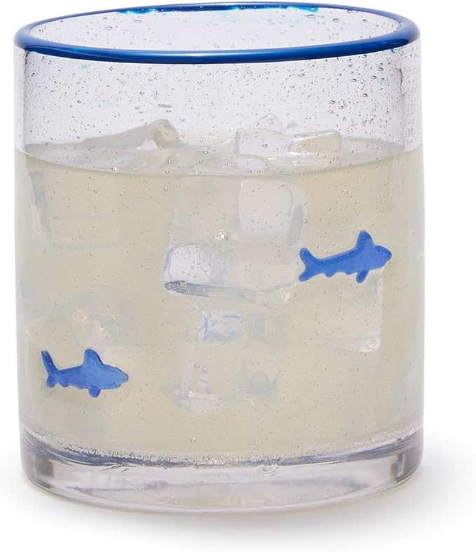 Two's Company Shark Clear Bubble Double Old Fashion Drinking Glass with Hand-Painted Rim, 16-Ounce