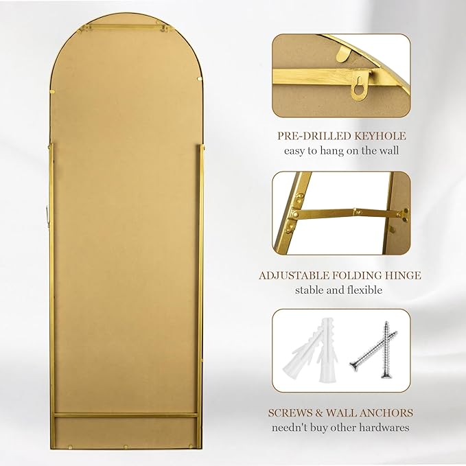 Arch Full Length Mirror with Stand, 65"x22" Floor Standing Large Dressing Standing Mirror Hanging or Leaning Against Wall for Bedroom Living Room, Antique Gold