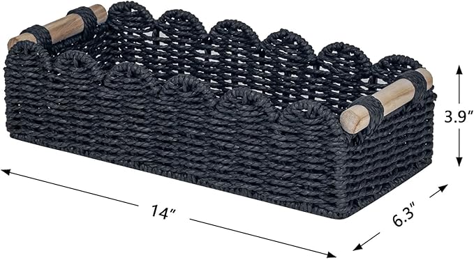 CubesLand Toilet Paper Storage Basket Scalloped Edge Home Decor Basket, Living Room Cozy Decor, Paper Rope Small Baskets for Over Toilet Storage Shelf, Shelves, with 2 Wooden Handles, Black