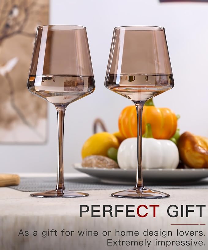 Colored Wine Glasses Set of 6-18oz Smokey Sand Wine Glass with Tall Long Stems and Flat Bottom,Crystal Amber Wine Glasses-Unique Gifts for Wine Lovers,Wedding,Engagement Gifts(Smokey Sand)