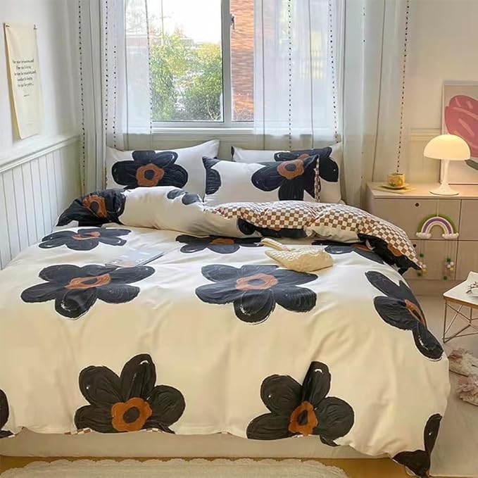 CLOTHKNOW Black Floral Queen Comforter Set Sunflower Bedding Comforter Sets Pumpkin Grid Comforter Soft Botanical Queen Comforter with 2 x Pillow Cases
