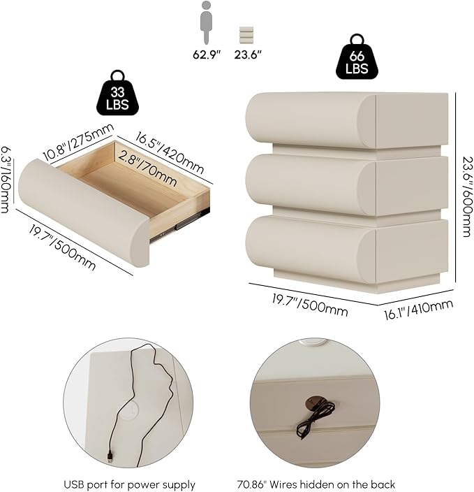 homary White Leather Nightstand with Wireless Charger, Smart Night Stand with Charging Station, Modern Bedside Table with 3 Drawers for Bedrooms Living Rooms Offices