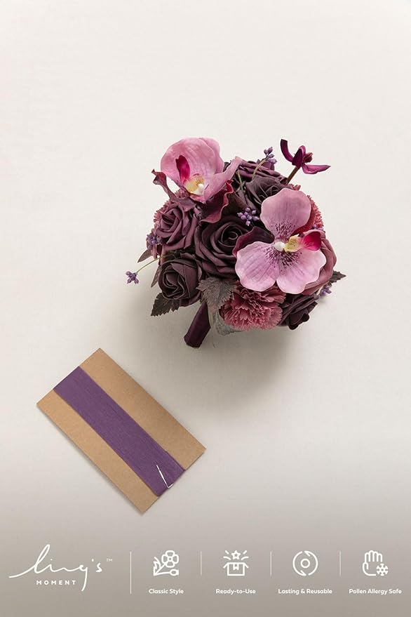 Ling's moment Bridesmaid Bouquet, Plum & Plum Lily Wedding Bouquets for Bridesmaids, Purple 7 Inch Bridal Bouquets for Bridesmaids, Wedding, Ceremony, Anniversary, etc.