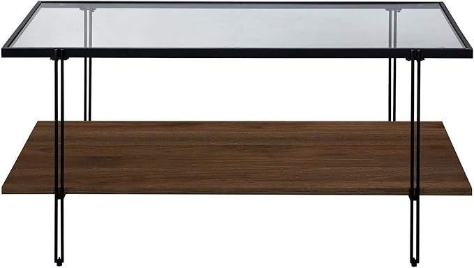 Nathan James Asher Mid-Century Rectangle Coffee Table Glass Top and Wood Finish Storage Shelf with Metal Legs, Walnut/Black