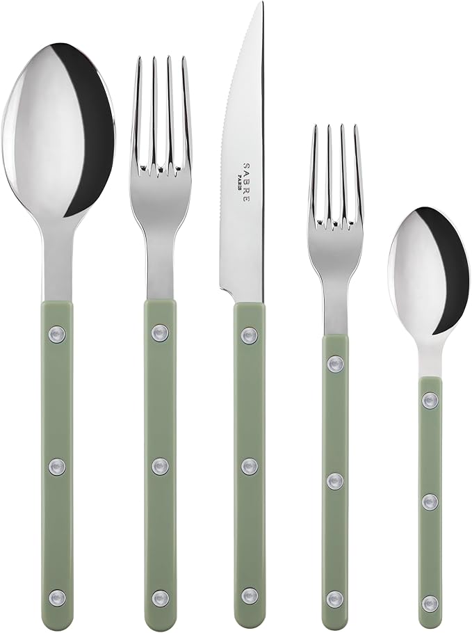 5-Piece Flatware Set - Bistrot Collection - Knife, Fork, Soup Spoon, Teaspoon & Dessert Fork - Stainless Steel & Nylon - Dishwasher Safe - Asparagus - Brilliant Finish