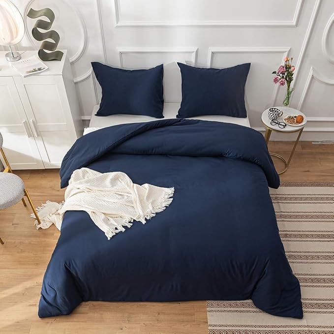 CLOTHKNOW Navy Blue Full Size Comforter Sets 3Pcs Dark Blue Bedding Comforter Sets Women Men Comforter Soft Comforter with 2 x Pillow Cases