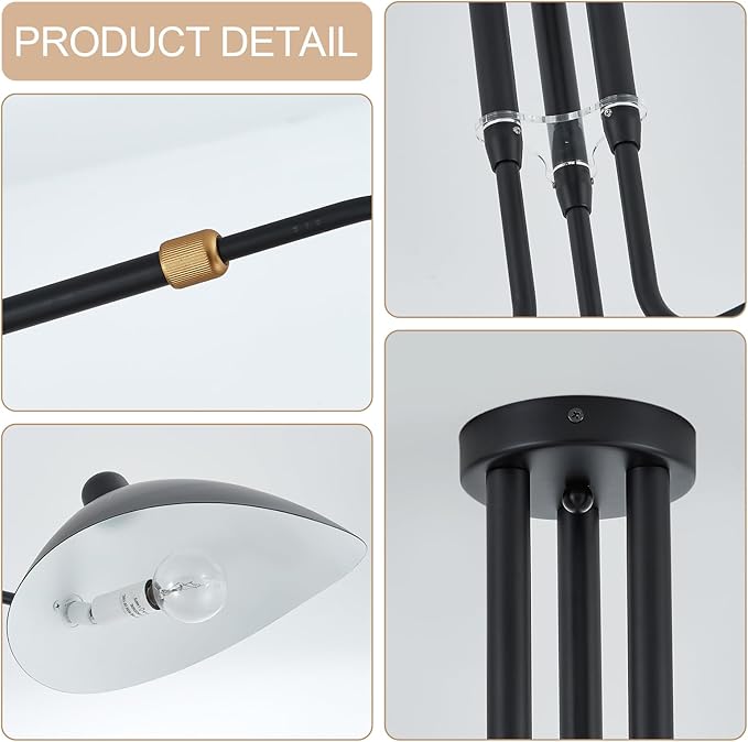 85" Mid-Century Chandelier, Matt Black Finish with Adjustable 3-Arms Large Pendant Lighting Fixture for Dining Room Living Room Kitchen Island Bedroom 3-Light