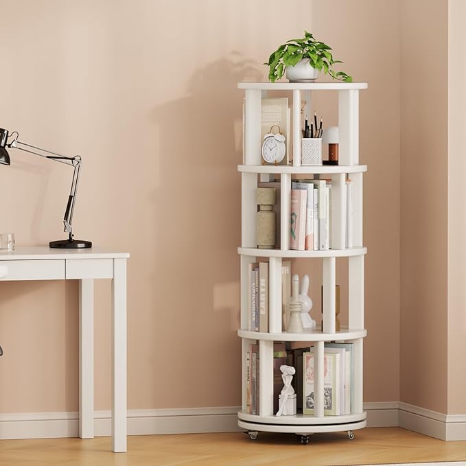 Solid Wood Rotating Bookshelf on Wheels, 4 Tier, Round Revolving Bookcase, 360° Spinning Book Shelf Tower for Kids, Narrow Rolling Bookshelves for Small Space, Corner, Bedroom, Office, White