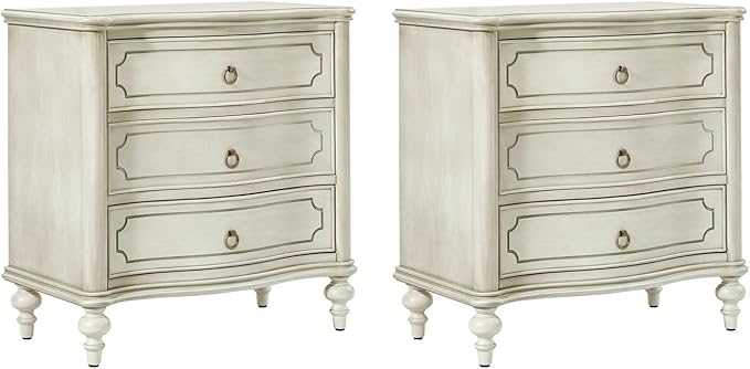 HULALA HOME Wood Nightstands Set of 2 with Charging Station for Bedroom, 3 Drawers Traditional Nightstands, Side Table with Solid Wood Legs, USB Ports & Three-Prong Plugs, White