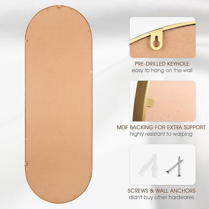 Oval Full Length Wall Mirror, 16"x47" Metal Beaded Frame Large Hanging Dressing Floor Mirror for Bedroom, Living Room, Entryway, Antique Gold (No Stand)