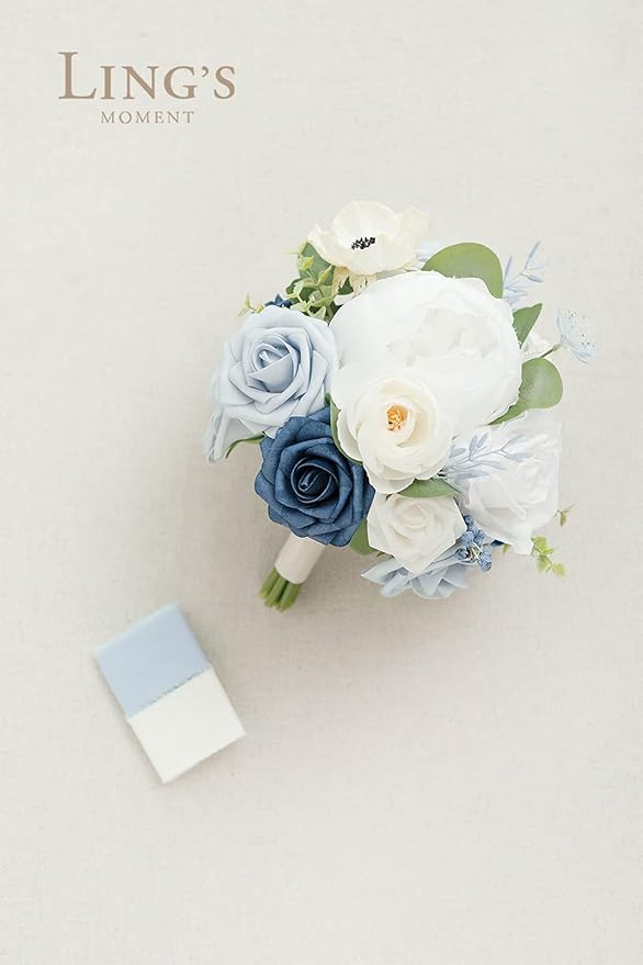Ling's Moment Artificial Flowers Dusty Blue Bridesmaid Bouquet, Blue & White Wedding Flowers Bouquets for Bridesmaids, 7 Inch Bridal Bouquets for Bridesmaids, Wedding, Ceremony, Anniversary, etc