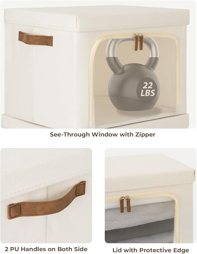 StorageWorks Storage Bins with Lids, Decorative Boxes with Clear Window for Clothes, Fabric Collapsible Baskets for Closet Organization, Large, Beige, 3 Packs