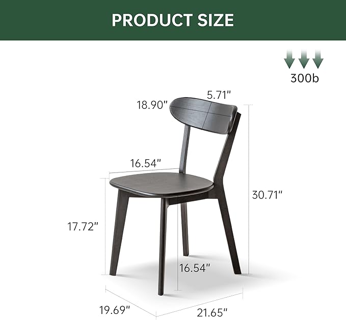 Oak Dining Chairs, Kitchen Chairs, 100% Solid Wood Modern Dinner Chair with Curved Backrest, Dining Room Chair for Kitchen, Living Room, Study (1PK, Black)