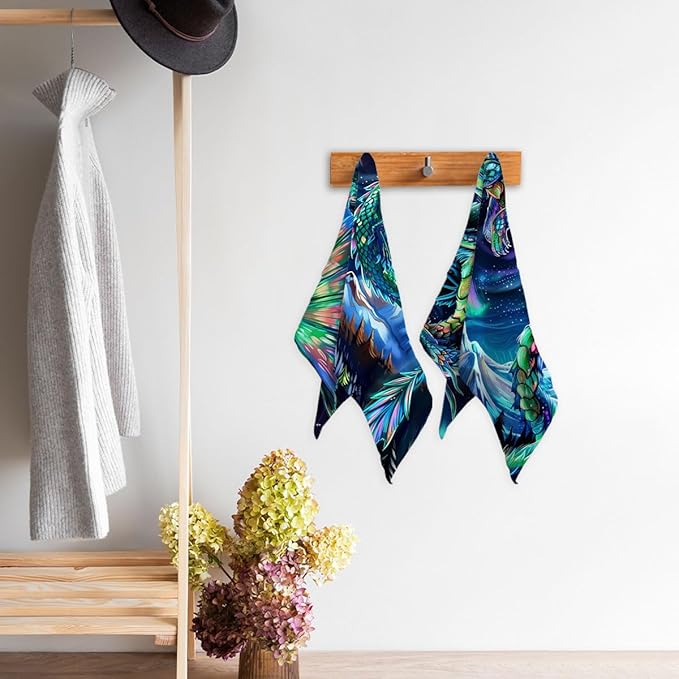 Dragon Kitchen Towels Set of 2 Fantasy Night Sky Mountain Northern Lights Dish Towels Holiday Dragon