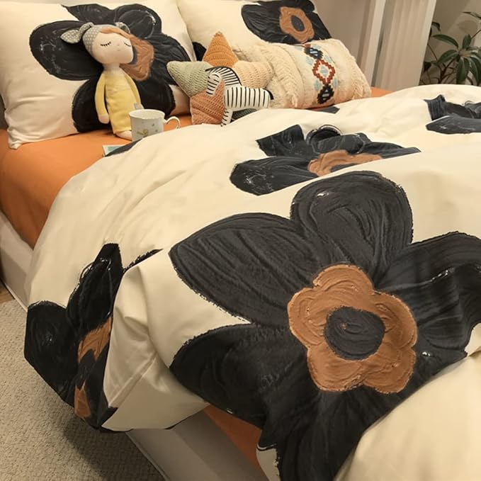 CLOTHKNOW Black Floral Queen Comforter Set Sunflower Bedding Comforter Sets Pumpkin Grid Comforter Soft Botanical Queen Comforter with 2 x Pillow Cases