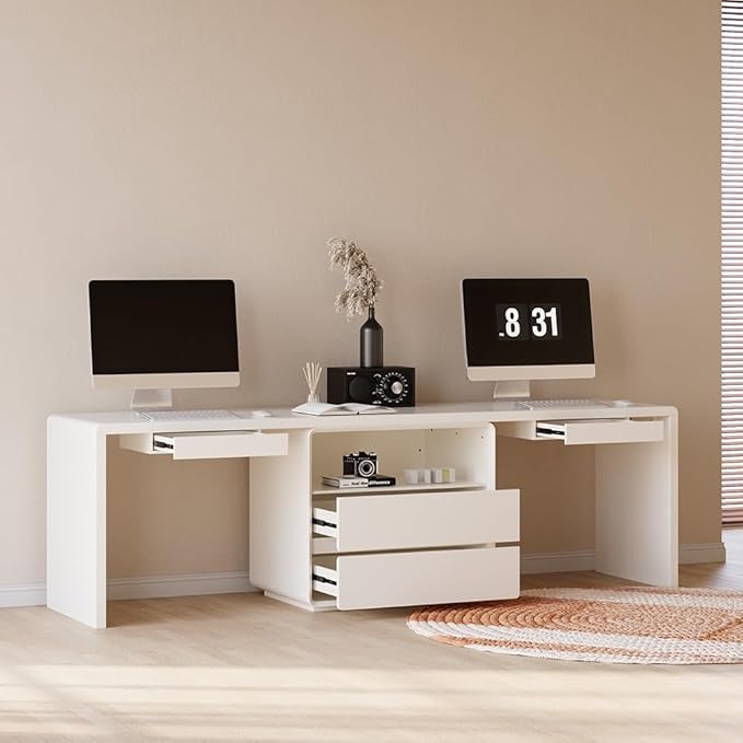 homary 94.5'' White Double Workstation Desk for 2, Large Home Office Computer Desk with 4 Drawers & 1 Cabinet, Executive Modern White Desk for Shared Workspace