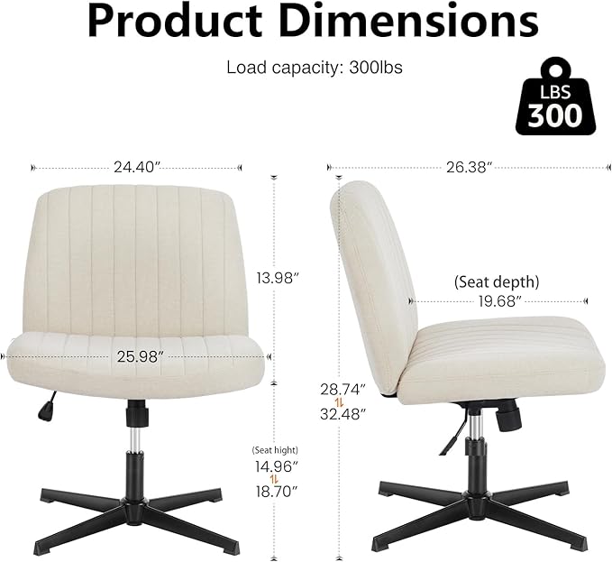 DUMOS Criss Cross Chair No Wheels Wide Cross Legged Desk Vanity Chair Comfy Fabric Armless Adjustable Swivel for Home Computer Task (Beige)