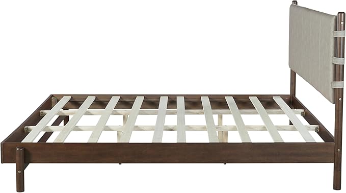 Premium Rubber Wood Platform Bed Frames, King Size Headboard Included, Mid Century Modern Beds, Walnut+Light Grey