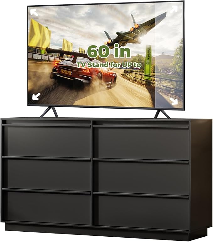 55.12" Modern Chest of Drawer, 6 Deep Drawers,Clothes Organizer,Large Storage Cabinet for Living Room, Bedroom,Dresser TV Stand, Wood Drawer Organizer for Living Room, Hallway,Black