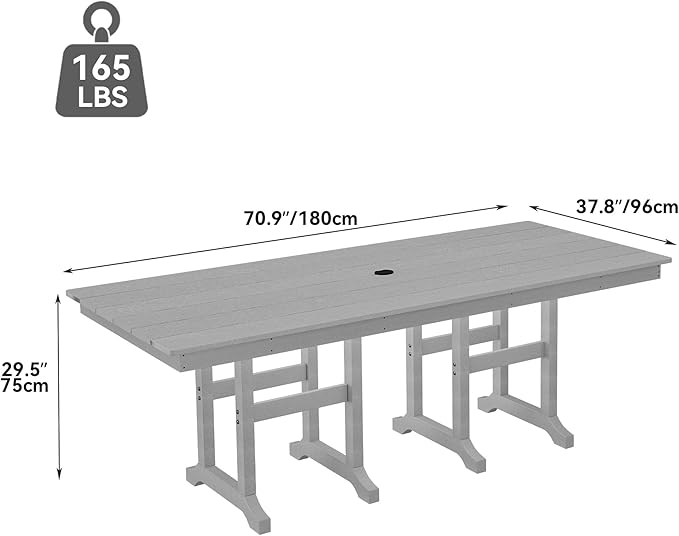 YITAHOME HDPE Patio Dining Table for 6, 71" Outdoor Dining Table w/Max Bearing 165 LBS, All Weather Rectangular Patio Table w/1.57" Umbrella Hole for Backyard Garden Lawn, Gray
